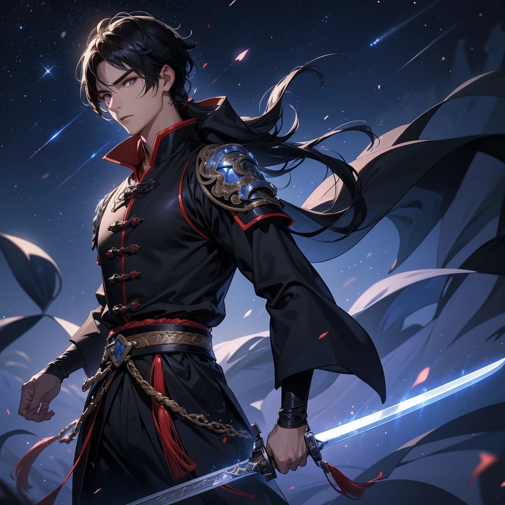 A Handsome black-hair male holding a large sword in an ancient chinese costume, Background is a dark night, with moonlight and millions of stars, twinkling everywhere, with blue light close up.