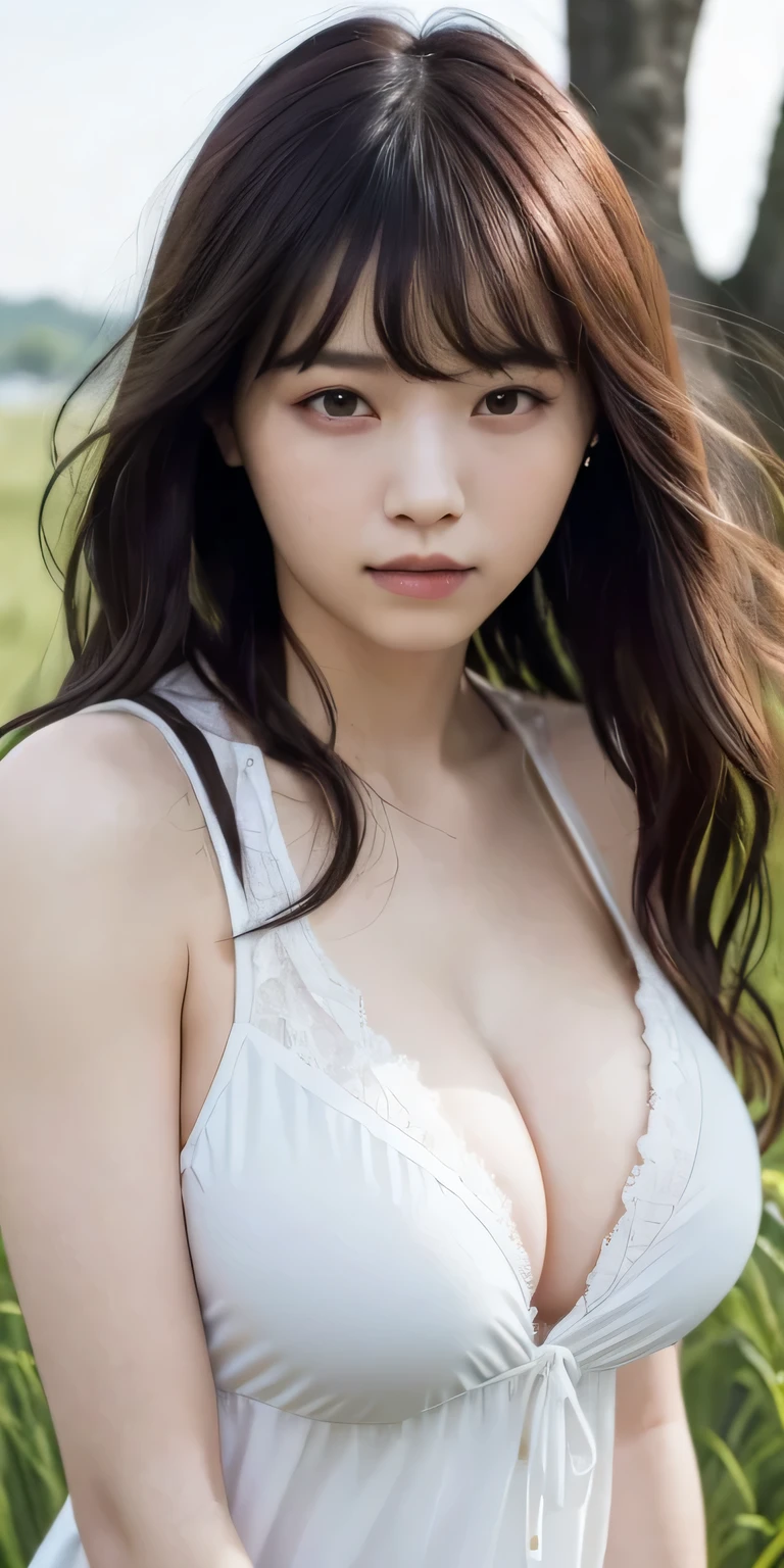 masterpiece、Highest quality, Ultra-high resolution、8k，photograph、1 girl, (Skin dents), (Large Breasts:1.4), bright, , (Asymmetrical bangs, Please comb your hair、very long wavy hair:1.5),   (Floating Hair:1.0)、（Loose fitting blouse）、(Cleavage)、soft, drooping udder、Heterochromia iridis、sad、grassland、Spring Sky、Soft sunlight
