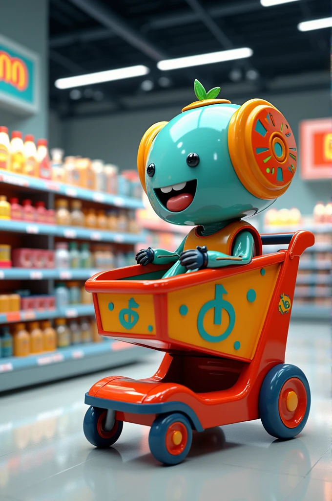 Image of a creative supermarket trolley with colors that attract the customer's attention with a character