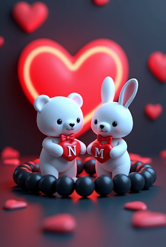 A 3D render of a white teddy bear and a white bunny rabbit wearing a red bow holding red hearts capital alphabets "N" and "M" written on hearts, are standing in a black beaded bracelet. The bracelet is sitting on a dark red and blue surface with a neon red heart shape in the background. The image is in the style of a cute cartoon.