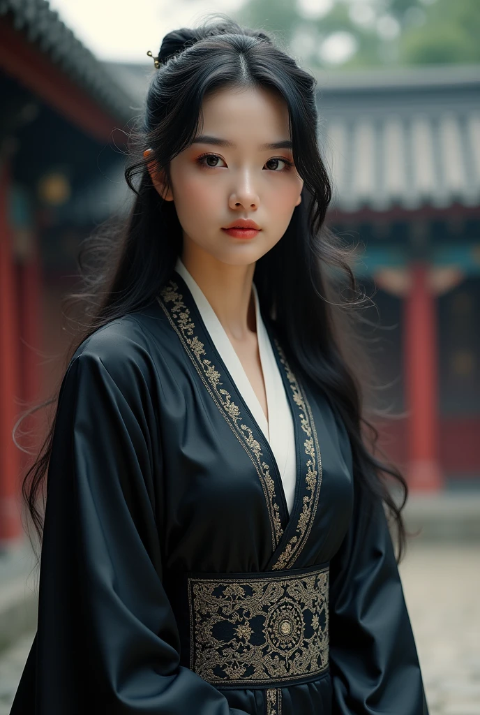 1girl,full body,extremely detailed face, beautiful detailed eyes,light on face,cinematic lighting,looking at viewer,outdoors,Black hair,(balck Chinese architecture:0.05),hanfu,