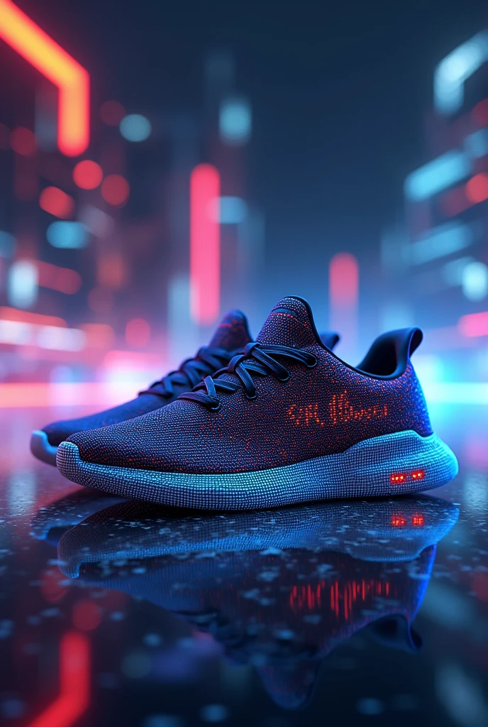 Sneakers made of small pixel squares with an amazing background