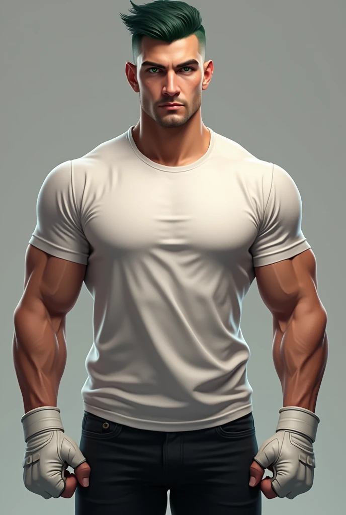 Generate me this person; he has dark green hair, his hairstyle is a modern women's wolf haircut but hes a 
Man with green eyes, he is very handsome, he has a muscular physique which weighs about 90kg, he looks like in his 20s, has no facial hair, he wears white handwraps, he is an mma fighter but dont give him mma attire, just a white shirt, black jeans, his hairstyle is a wolfcut, he has long hair