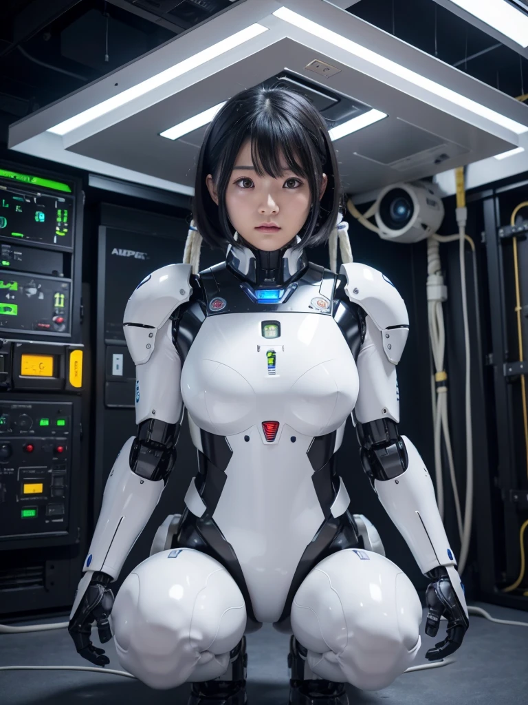 Japanese female android,Black Hair,Suspended from the ceiling by a rope,Plump,Slightly thicker,Squat,White robot suit,There is a control panel on the chest.,Robotic arms and legs,A room filled with machines,