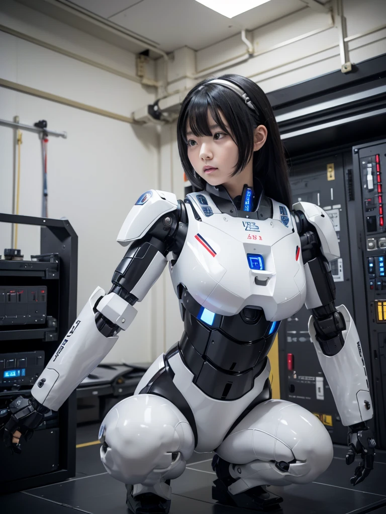 Japanese female android,Black Hair,Suspended from the ceiling by a rope,Plump,Slightly thicker,Squat,White robot suit,There is a control panel on the chest.,Robotic arms and legs,A room filled with machines,