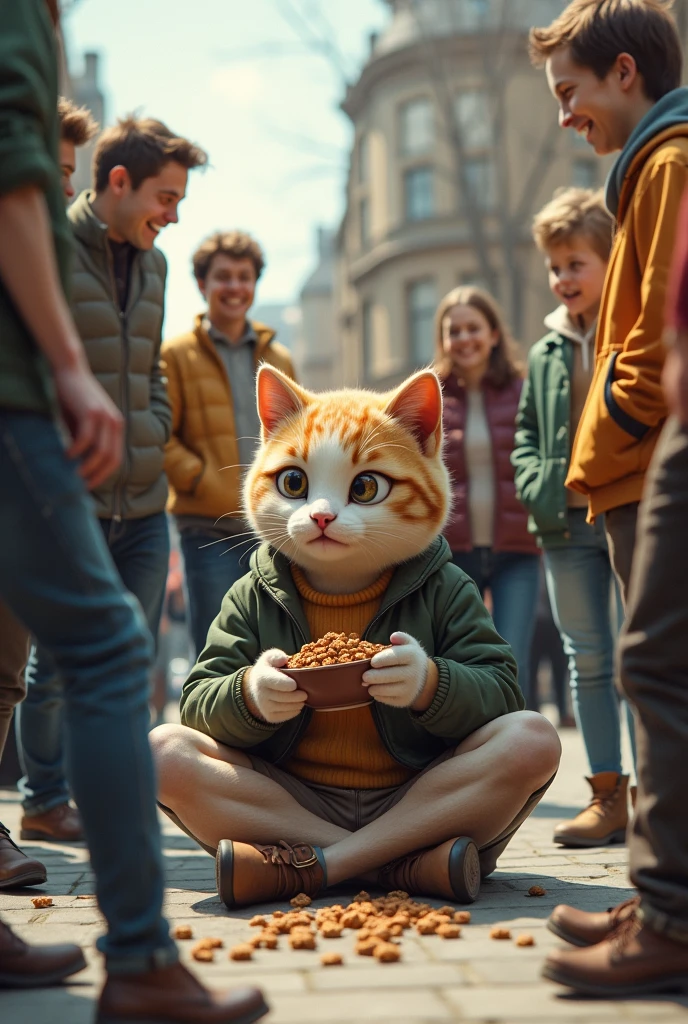 Imagine un monsieur avec une tête de chat en train de manger des croquettes et les gens se rigolent derrière