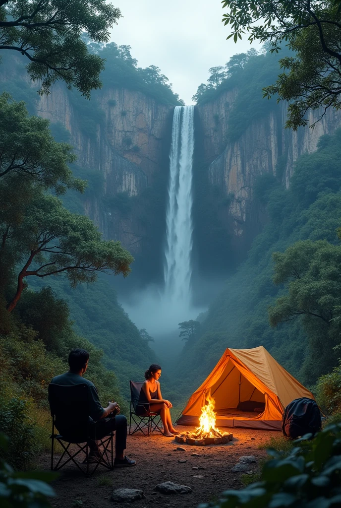 Photorealism 1.4 realistic realism high detailed definition campsite jungle at hills facing rmwaterfall man sitting on the chair dusk mode campfire tent view from the air bagpack beside big tent women cooking view from above
