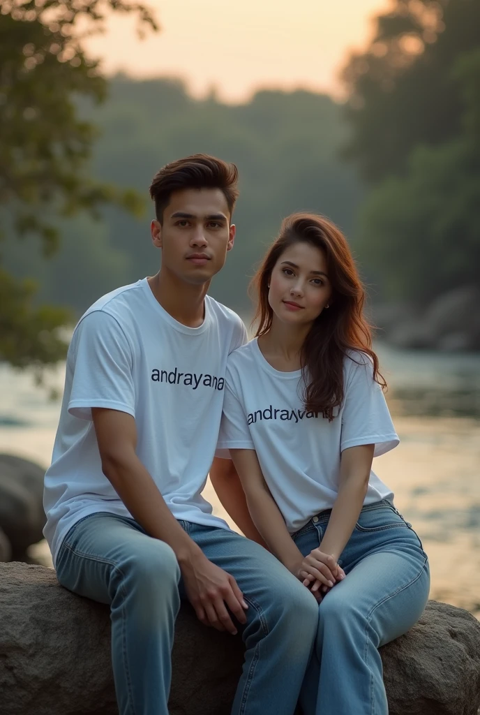A handsome man and woman facing the camera wearing white t-shirts with the words "Andrayana", sitting on a rock near the river in the twilight atmosphere, looking at the camera