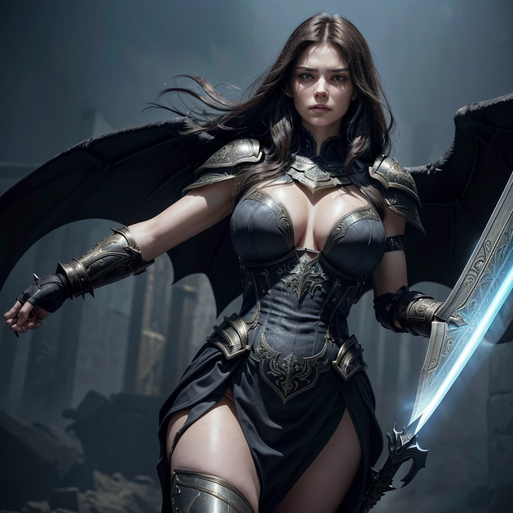 a tall and imposing woman, just landing from the sky. She is strong and has a robust muscular structure.. She has huge, well-defined dark wings that are open and slightly folded downwards., as if still adjusting its position after landing. She wears short armor, detailed and dark. In one hand, she wields a large, shining sword, and on the other arm, carries a sturdy shield with ancient symbols. His eyes reflect fierce determination, and his posture is firm and confident, conveying an aura of authority and power. The scene must capture the dramatic moment of landing, with a sense of impact and energy. High definition Super defined