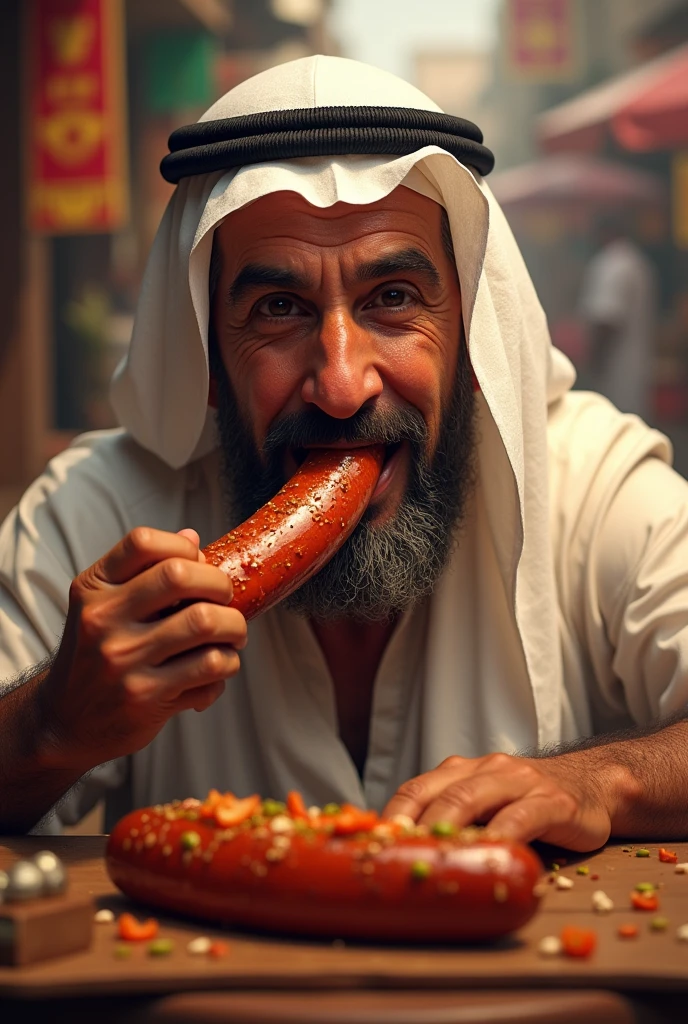 Arab eating sausage