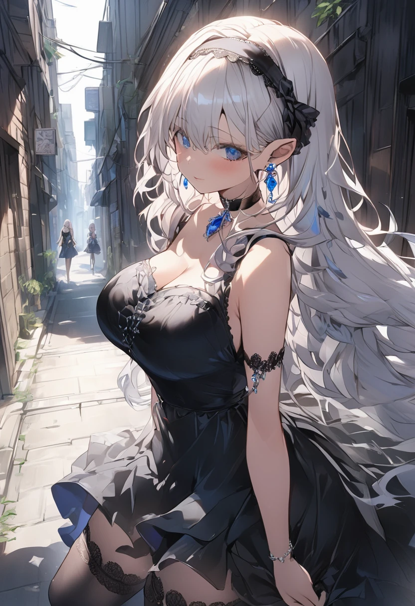 Big Breasts、White hair with blue lining、black ruffle headband、Black and blue dress、Long Hair、Black choker、In the shadows of the backstreets、Lady、Gemstone earrings、stockings