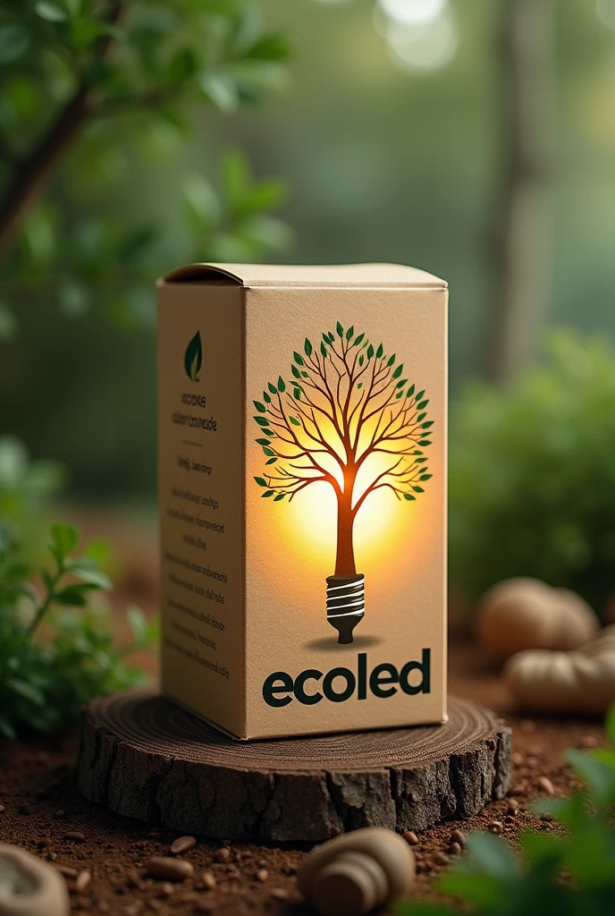 Create a lamp themed packaging, fused with a tree symbolizing sustainability, written on the outside " EcoLed'