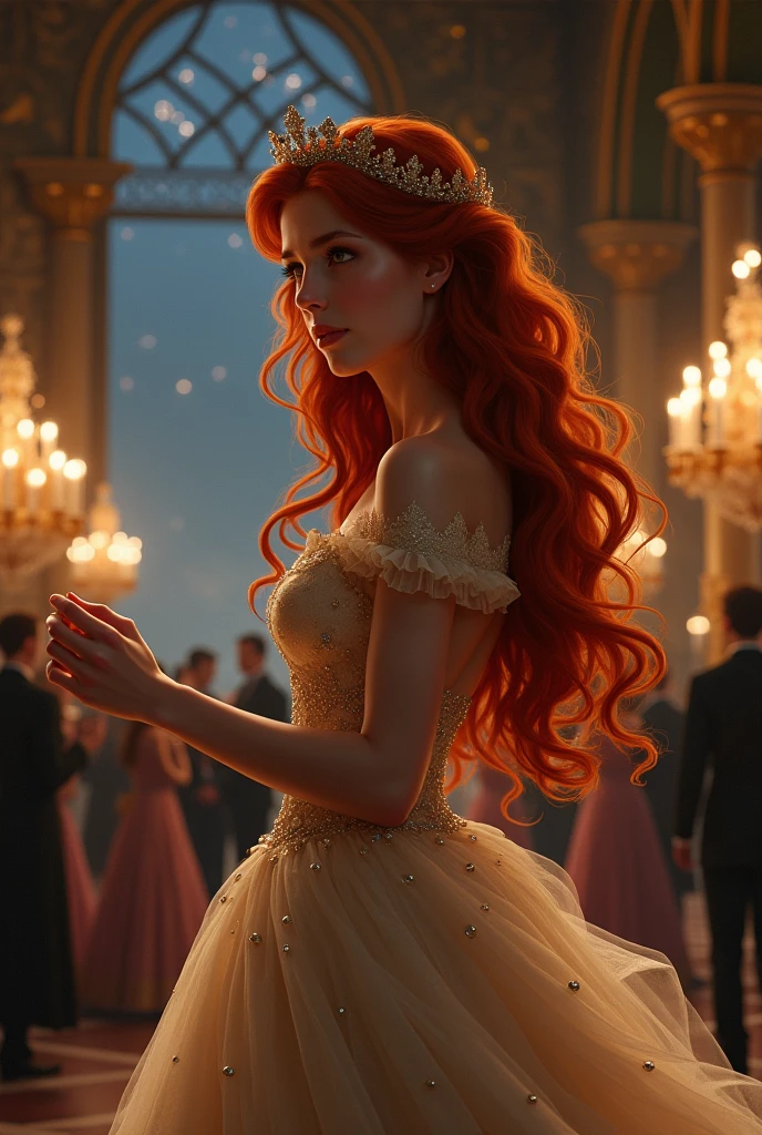 A red-haired princess inside a palace in a waltz looking sadly at the night guests and wearing a crown, that your dress is more covered that it is further away where the guests can be seen