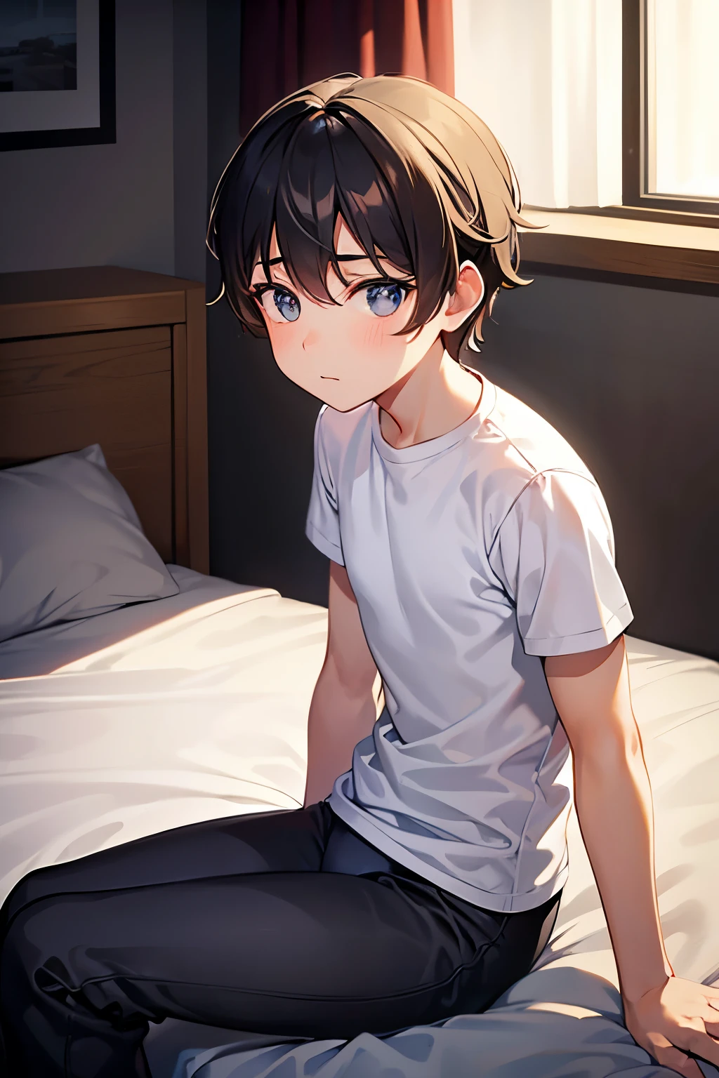 a boy sitting in a bedroom, wearing a white sleeve shirt and black long underwear, viewed from the side,