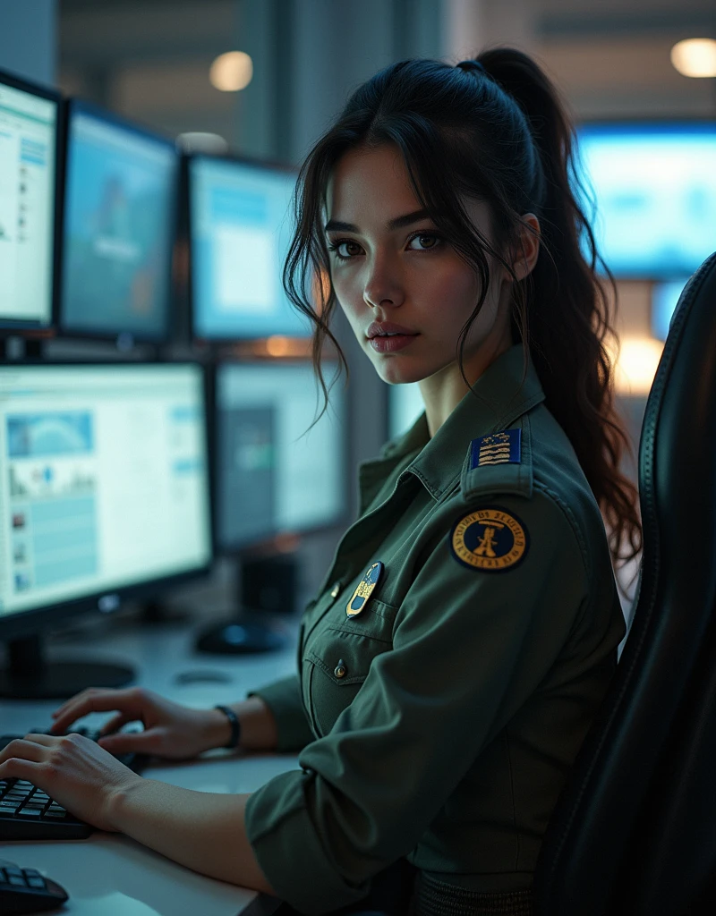 (Photorealism:1.2), sexy woman soldier, She is wearing only a military uniform top and no bottoms.. Sitting in an office with lots of computers and monitors.