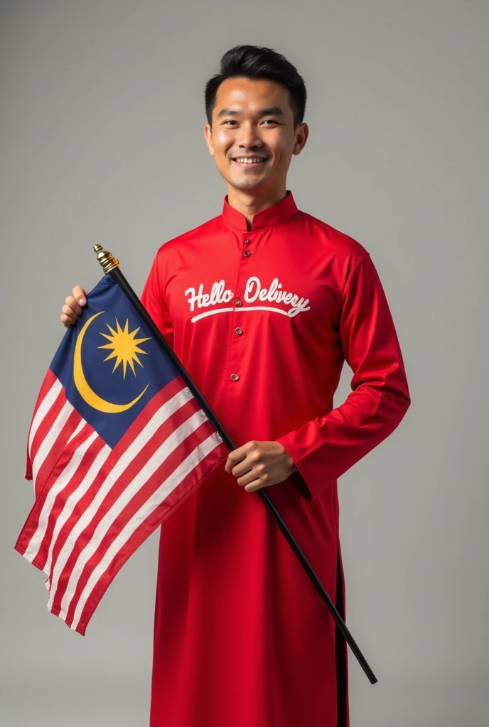 a malay man wearing a red dress with the word hello delivery and holding a perfect malaysian flag without any tears