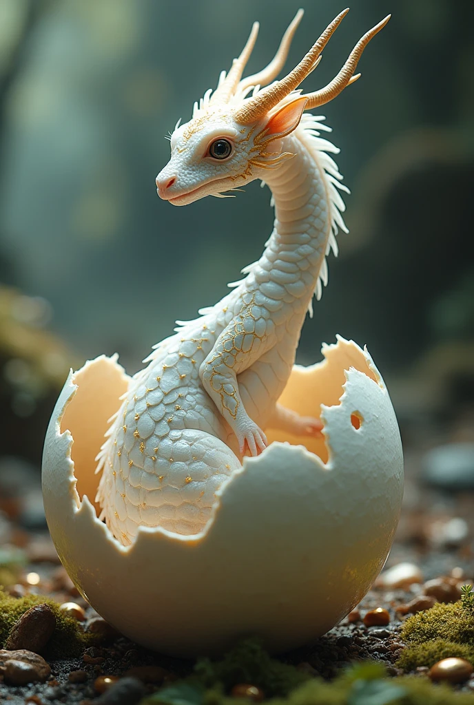 spawn from dragon egg, White color, with scales and gold details on the outside