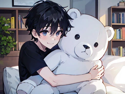 1 boy, he hugs a big white teddy bear, Upper body shot only, Black short hair, He is wearing a grey shirt, He smiles gently., Bed, Bookshelf, ornamental foliage plant