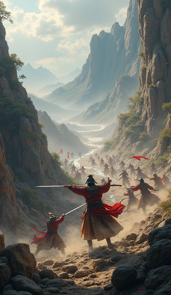 A fierce battle with Tang soldiers engaging enemy forces across a rugged landscape. The soldiers wield spears, crossbows, and swords, fighting amidst a landscape of rocky cliffs and flowing rivers, with the chaos of battle vividly displayed