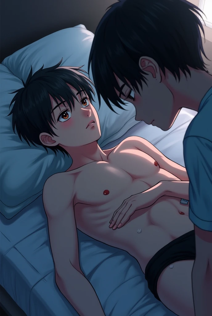 A teenager boy sleep with wet black underwear. His brother smell his underwear.