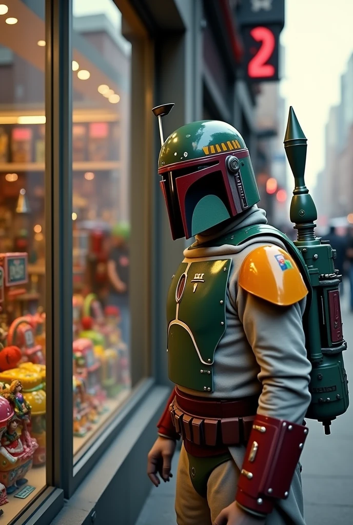 Boba Fett peeking into a toy store、Star Wars、movie、Mandaean、