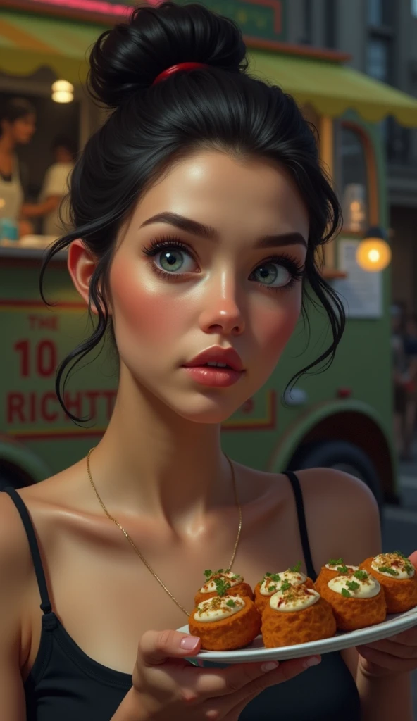A woman with medium skin color,blue eyes, cute circle face,with messy bun black hair only, looking at the delicious food on plate at the food truck digital art