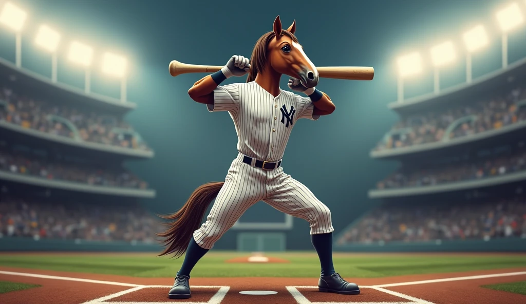 Baseball horse player with bat in toe, ready to take a swing, upright in Yankees Uniform