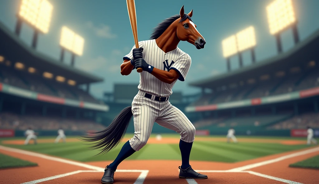 Baseball horse player with bat in toe, ready to take a swing, upright in Yankees Uniform