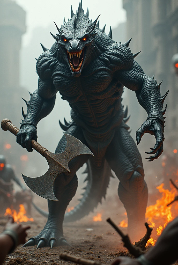 D black-scaled draconid&D with a battle axe screaming at the enemy