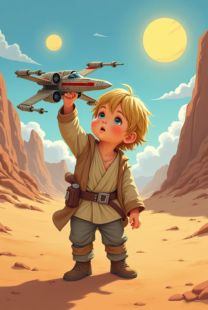 Portrait of baby Luke Skywalker playing with a toy X-Wing, studios Ghibli, , tatooine, cute