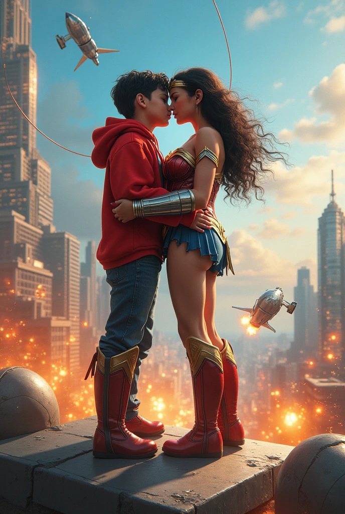  with red hoodie, headphones, rocket boots, & wonder woman (Big tits & perfect body), Busty, fighting, power, fiction, full body, 2 persons, magic fire lasso, hight, fall, fire in boots, poweful spells, realistic, gun, flying in the sky, love, passion, kissing, Romance, kiss on the mouth, tongue kiss, kiss on the breasts, city, happy, blue sky, She Sitting on her legs, passionate, looking at camera