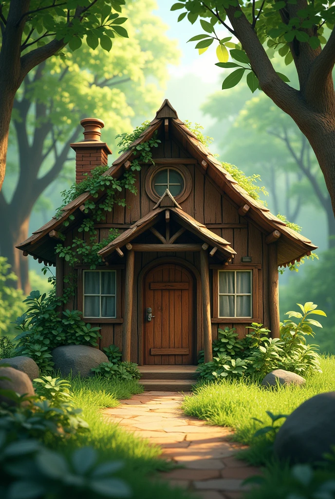 In the quiet forest,A simple wooden house nestled among the trees。The leaves sway in the breeze,The sun shines through the gaps in the leaves in front of the wooden house。The appearance of the cottage is simple but warm,Gives a sense of tranquility。