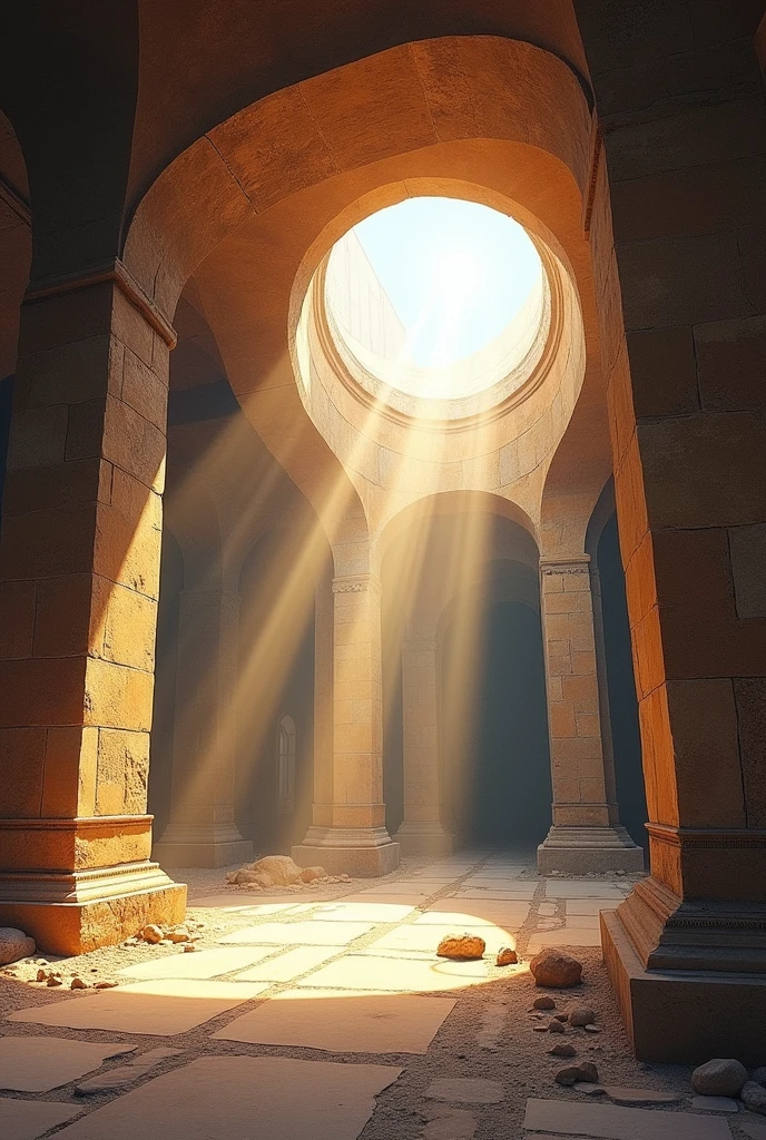 One point perspective drawing of looking up from a tomb. A whole in the ceiling, from where ray of sun is coming down