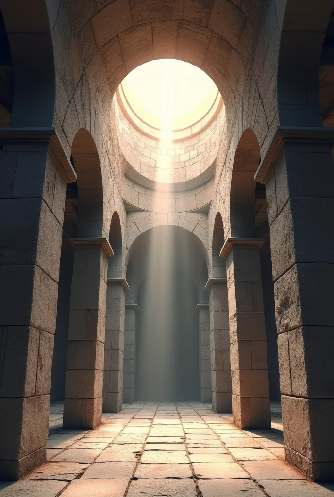 One point perspective drawing of looking up from a tomb. A whole in the ceiling, from where ray of sun is coming down
