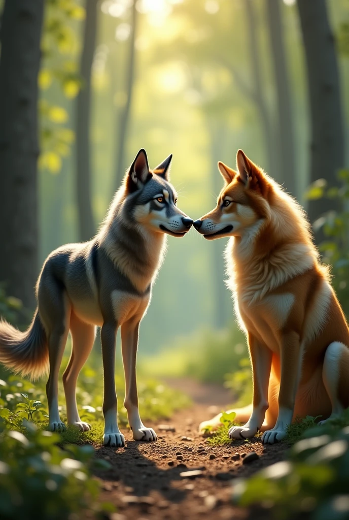 The skinny wolf sees a beautiful dog.
