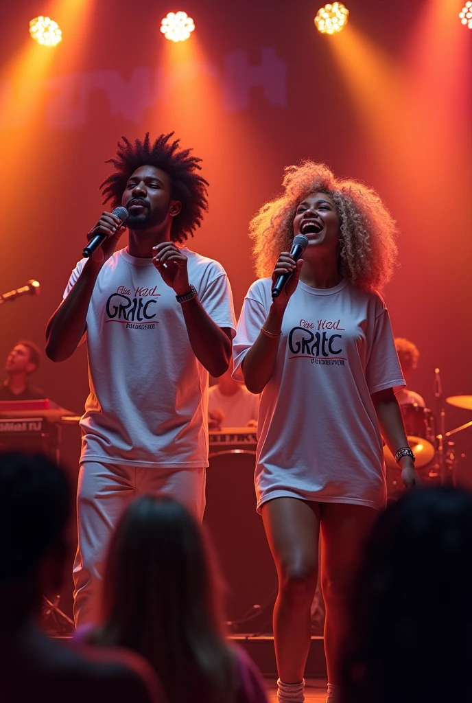 (GOOD QUALITY, : 1.8), black male singer and black female singer, brown, singing pop techno, worshiping god: 1, lights: 1.5, curly hair, hair blonde: 1.3, (holding microphone: 1.2), Shirt with Echo Grace written on it, comely, red and blue, Face ultra detailed, band playing keyboard and drums in the back detailed, praising God, feeling the presence of God. each with 01 microphone, yelling