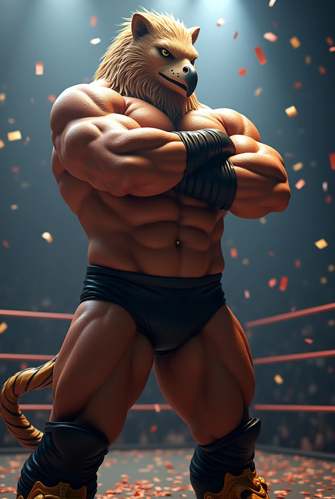 (uhd, masterpiece, anatomically correct, textured skin, super detail, high details, best quality, highres, 8k), Griffin&#39;s Head, Professional wrestler, , ((Full body portrait)), Macho, Muscular, Arms as thick as logs, Arms crossed, Wrestler pants, Ring boots in the shape of a lion&#39;s paw, Pro wrestling, Spotlight, highlight, Confetti