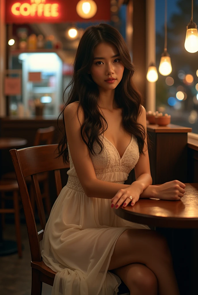 30 year old thai woman(sexy and beutiful)(long hair),wearing white queen anne dress,black high shoes,sitting on a coffe shop.night atmosphire
