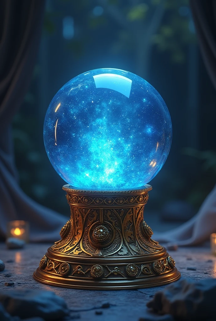Blue crystal ball, encased in gold runic carvings