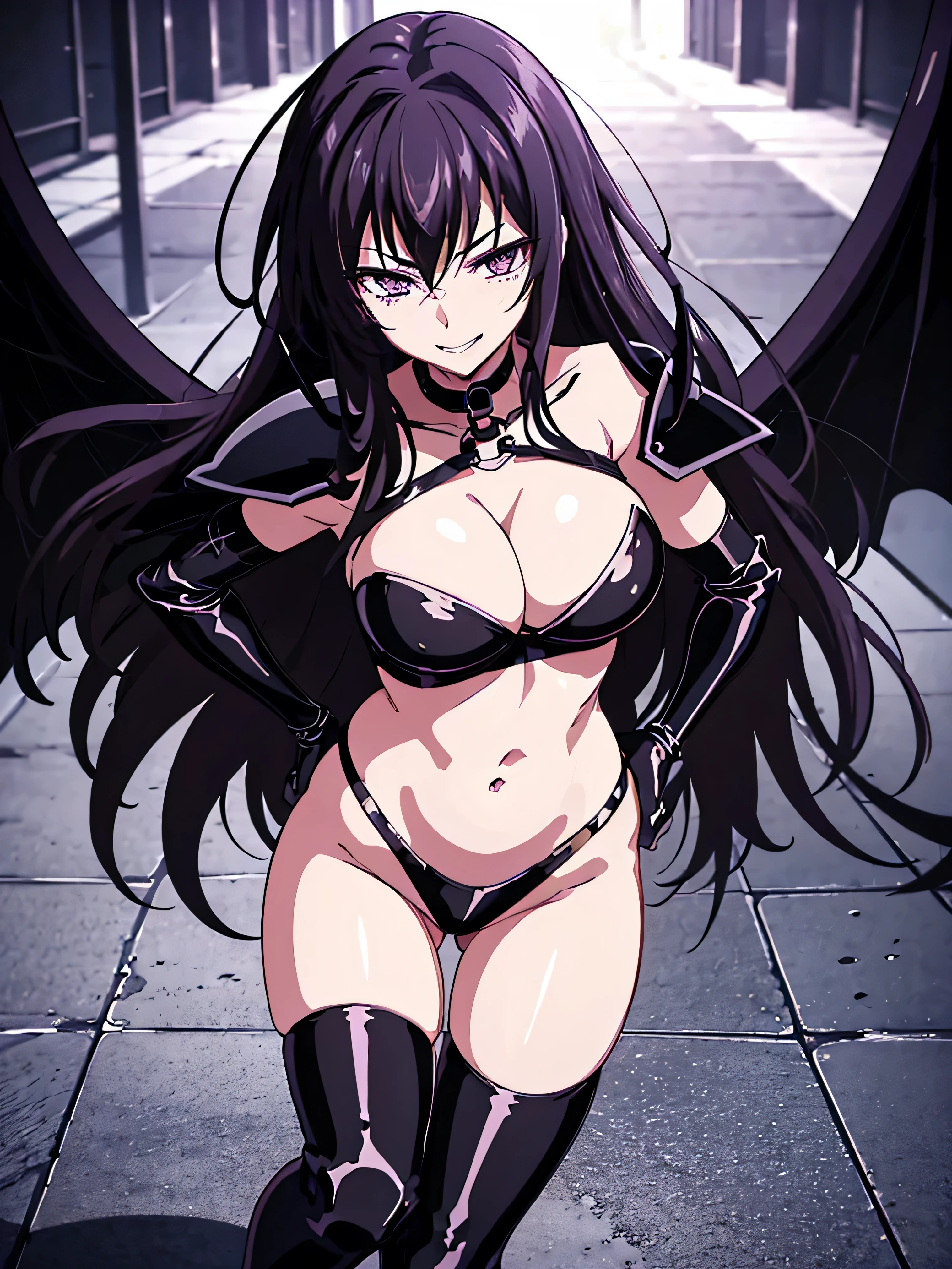 (night:1.7), , , collarbone,choker,black outfit,belly button, Torn_Clothes, Torn_Legwear,rock,collar, Pauldrons, High Leg,boots,Knee socks, purple_eye,,black_hair,very_length_hair,elbow_gloves, 1 girl, 20 years,Mature Woman,beautiful Finger,beautiful length legs,beautiful body,beautiful Nose,beautiful character design, perfect eye, perfect face, looking at the Viewer, (Innocent_big_eye:1.0),smile,to evil_smileface,to evil_face,Grin,View,, collarbone,choker,black outfit,belly button, Torn_Clothes, Torn_Legwear,rock,collar, Pauldrons, High Leg,boots,Knee socks, purple_eye,,black_hair,very_length_hair,elbow_gloves, 1 girl, 20 years,Mature Woman,beautiful Finger,beautiful length legs,beautiful body,beautiful Nose,beautiful character design, ,, looking at the Viewer, ,, ,Official Art,Highly detailed CG Unity 8k wallpaper, Perfect lighting,colorful, , (masterpiece:1.0),(Highest_quality:1.0), 超High resolution,4K,Very detailed, photo shoot, 8k, High resolution, High resolution, Confused:1.2, Kodak Portrait 400, Film Grain, Blurred Background, Bokeh:1.2, Lens flare, (Vibrant_color:1.2) (beautiful,big_chest:1.4), (beautiful_face:1.5),(narrow_Waist),alone,naughty face,(evil huge laugh:1.1),deep shaded face(eyes in shadow),smile worst,right three spike shoulder pad,,conceit,hand on hip,to evil smirk,latex hands,latex fingers,too evil huge laugh,sadistic smile,deep shaded face,,smile worst,worst ridecule,too evil moukery,,laugh full of malice,,A face full of evil,Too evil ridicule