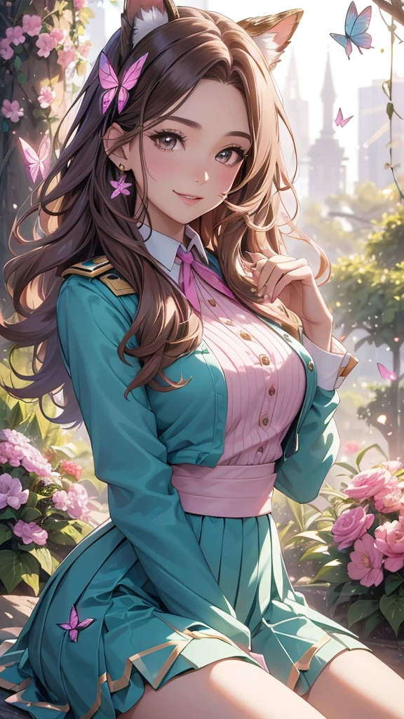(best quality,4k,8k,highres,masterpiece:1.2),ultra-detailed,(realistic,photorealistic,photo-realistic:1.37),acrylic painting,beautiful Brazilian model in a uniform outfit with downy hair,beautiful Brazilian model with extremely colorful brown hair and detailed facial features,beautiful Brazilian model standing in a beautiful garden sakura flowers, long hair,cat ears, hair bows, glitter sparkling uniform skirt outfits, smile, happy face,light brownhair,butterflies, brown eyes, mature woman, older woman, 30 year old, adult woman. Older lady, posing,Solo, teal and pink butterflies, close up, teal and pink