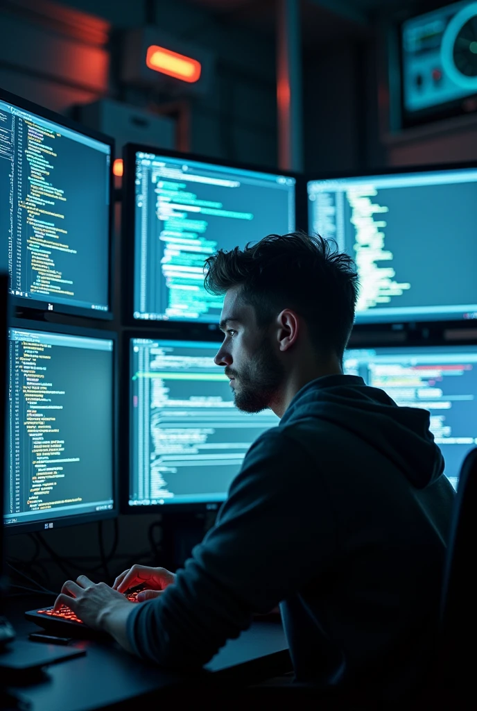 One coder . A wall full of monitors
