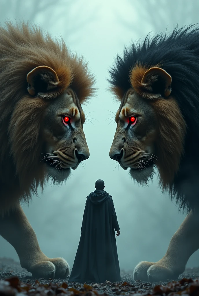 Two lion his eye is red and black outfit in middle one man