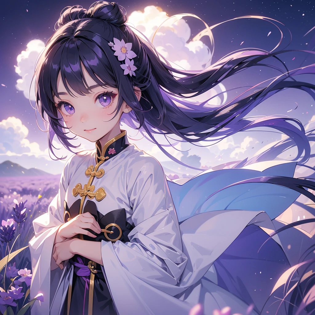 A chibi child girl had a small face and Wearing white little Taoist priest's outfit. A pair of big round eyes shone with curiosity about him. This child was so cute, Stroll among the purple lavender fields , There are some floating clouds.
her hair is black with two buns on her hair.small chibi, chibi baby, smiling ,Chibi.