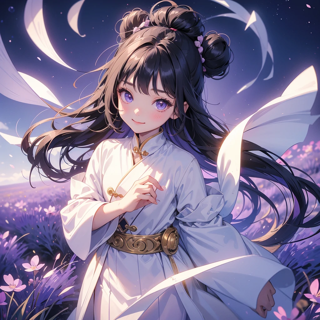 A chibi child girl had a small face and Wearing white little Taoist priest's outfit. A pair of big round eyes shone with curiosity about him. This child was so cute, Stroll among the purple lavender fields , There are some floating clouds.

her hair is black with two buns on her hair.small chibi, chibi baby, smiling ,Chibi.

