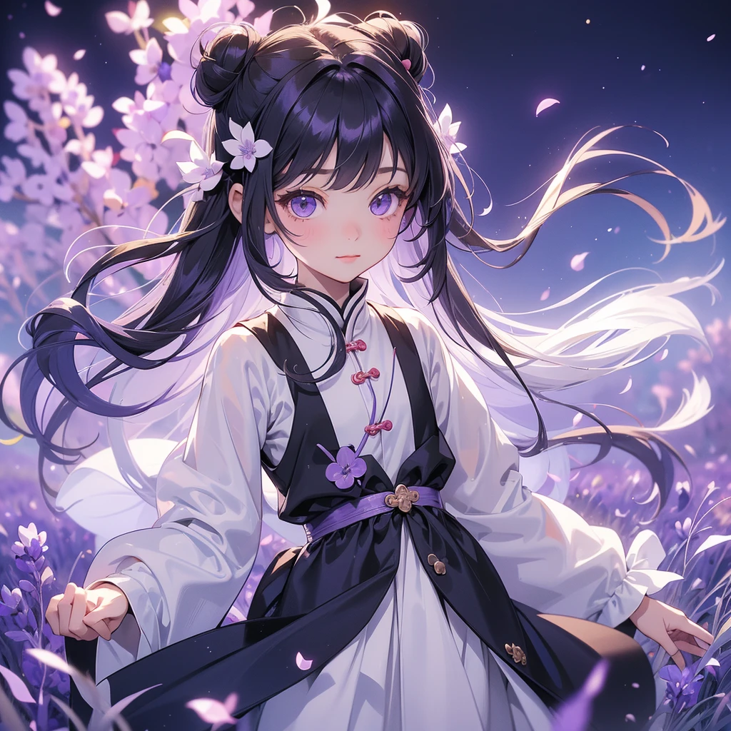 A chibi child girl had a small face and Wearing white little Taoist priest's outfit. A pair of big round eyes shone with curiosity about him. This child was so cute, Stroll among the purple lavender fields , There are some floating clouds.
her hair is black with two buns on her hair.small chibi, chibi baby, smiling ,Chibi.