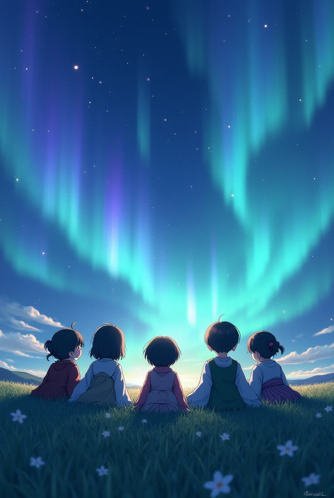 Animie japan Falling stars, the sky has northern lights, children lying on the grass looking at the stars