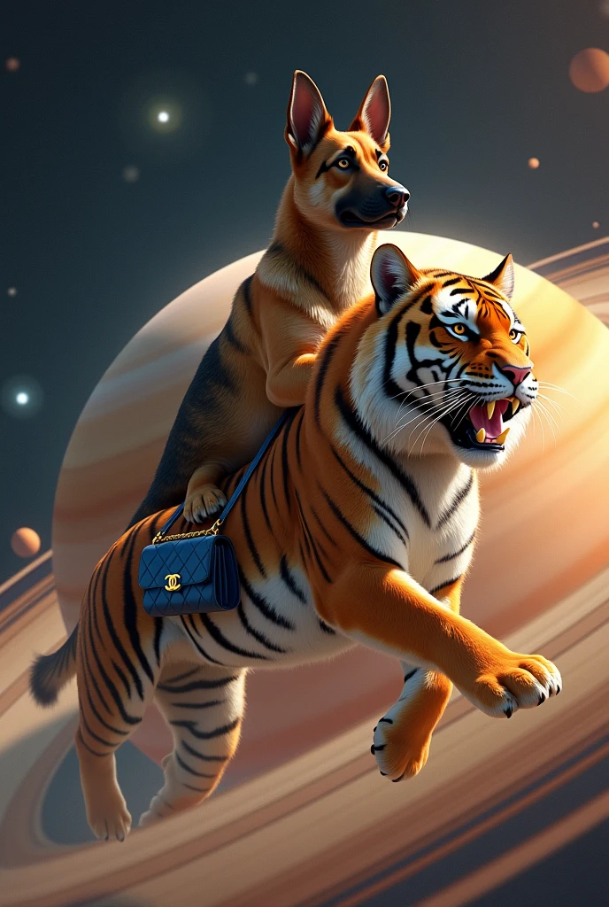 a german dog riding a bengal tiger in a saturn ring with a chanel bag