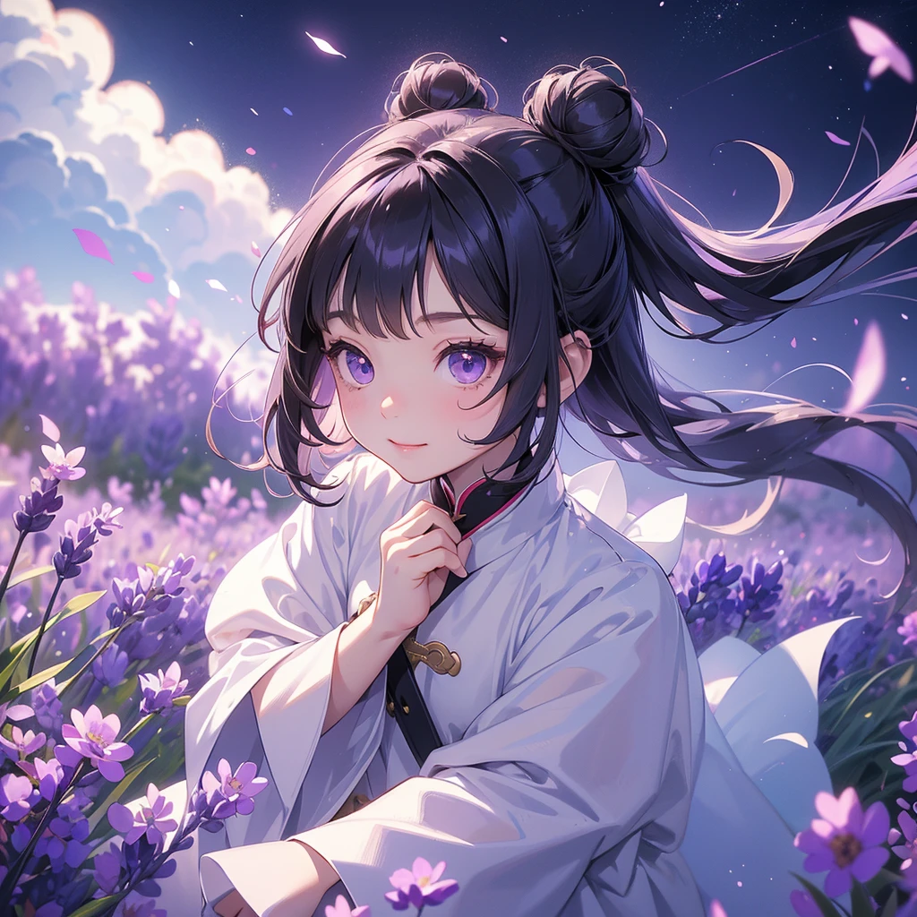 A chibi child girl had a small face and Wearing white little Taoist priest's outfit. A pair of big round eyes shone with curiosity about him. This child was so cute, Stroll among the purple lavender fields , There are some floating clouds.
her hair is black with two buns on her hair.small chibi, chibi baby, smiling ,Chibi.