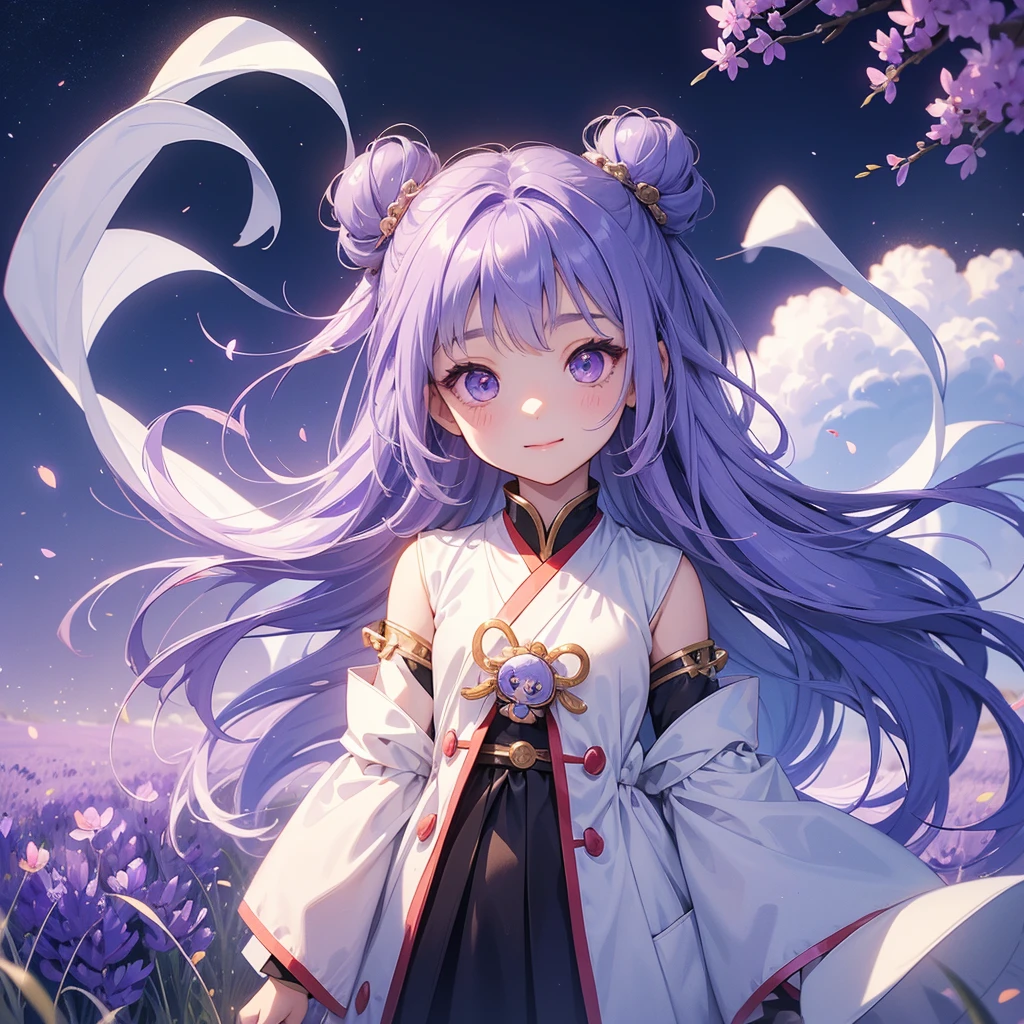 A chibi child girl had a small face and Wearing white little Taoist priest's outfit. A pair of big round eyes shone with curiosity about him. This child was so cute, Stroll among the purple lavender fields , There are some floating clouds.
her hair is black with two buns on her hair.small chibi, chibi baby, smiling ,Chibi.